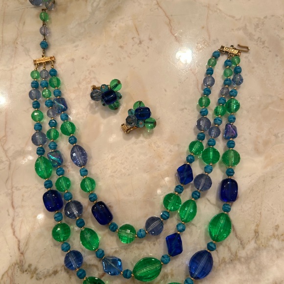 Hattie Carnegie Triple Strand Necklace and Earrings Set Vintage - Picture 1 of 10